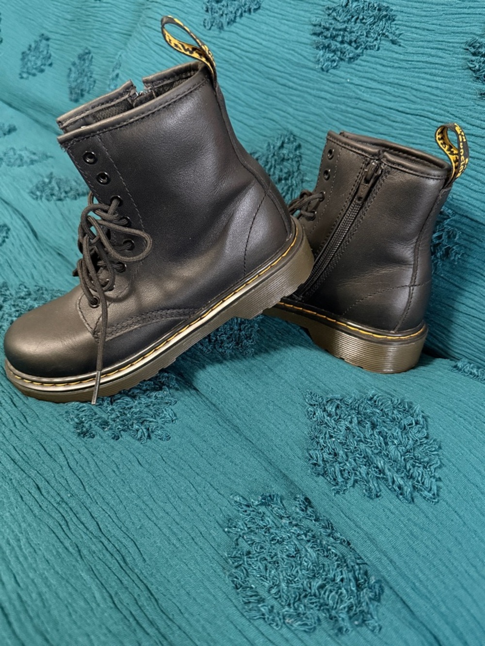 Dr. Martens Kids Black Lace-Up Ankle Boots with Yellow Stitching